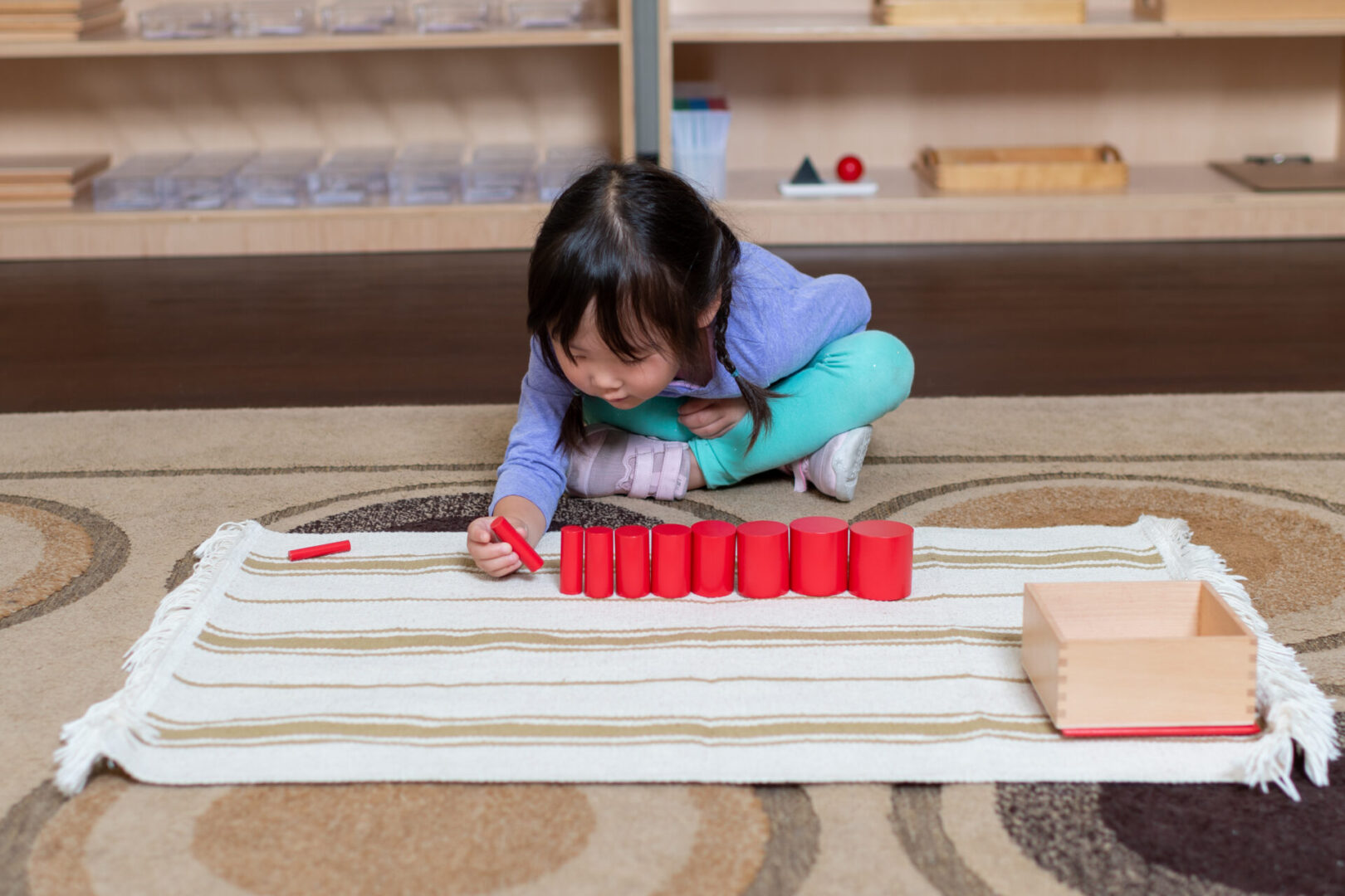 A girl in braids arranging red wooden pieces by their size